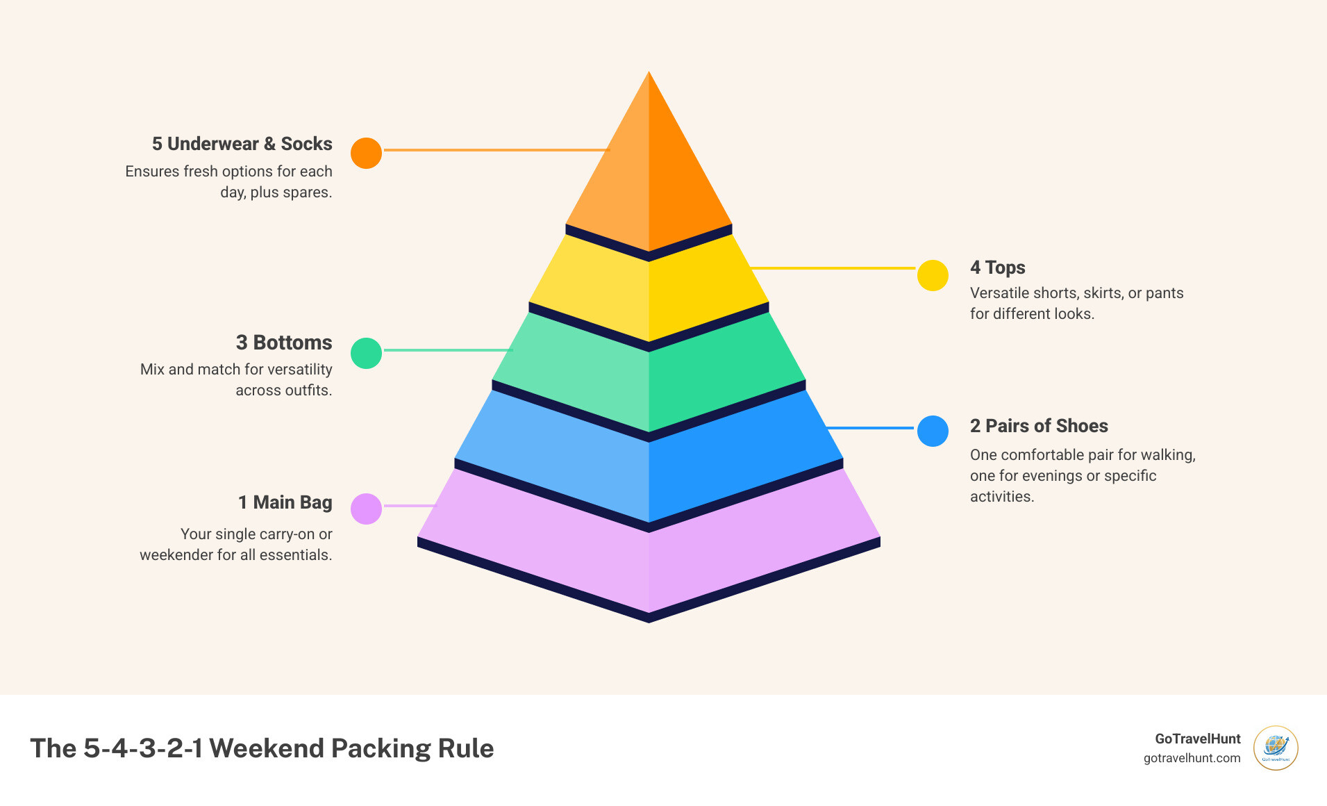 Infographic of a 5-4-3-2-1 packing rule for a 3-day weekend trip, showing 5 underwear/socks, 4 tops, 3 bottoms, 2 pairs of shoes, 1 bag - weekend trip packing list summer infographic pyramid-hierarchy-5-steps Infographic of a 5-4-3-2-1 packing rule for a 3-day weekend trip, showing 5 underwear/socks, 4 tops, 3 bottoms, 2 pairs of shoes, 1 bag - weekend trip packing list summer infographic pyramid-hierarchy-5-steps