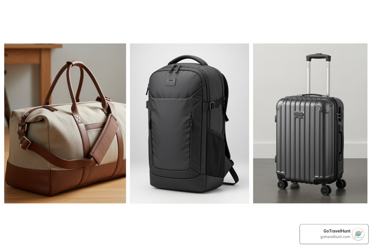 Luggage options: a canvas weekender duffel, a modern travel backpack, and a small hard-shell rolling carry-on - weekend trip packing list summer Luggage options: a canvas weekender duffel, a modern travel backpack, and a small hard-shell rolling carry-on - weekend trip packing list summer