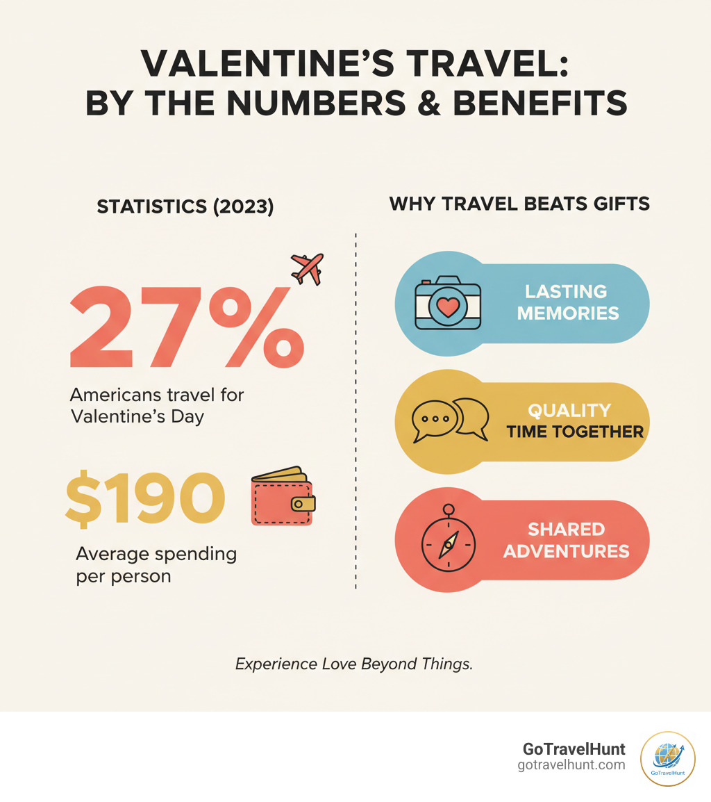 infographic showing statistics: 27% of Americans travel for Valentine's Day, $190 average spending per person, and key benefits of travel over material gifts including lasting memories, quality time together, and shared adventures - valentines travel ideas infographic 