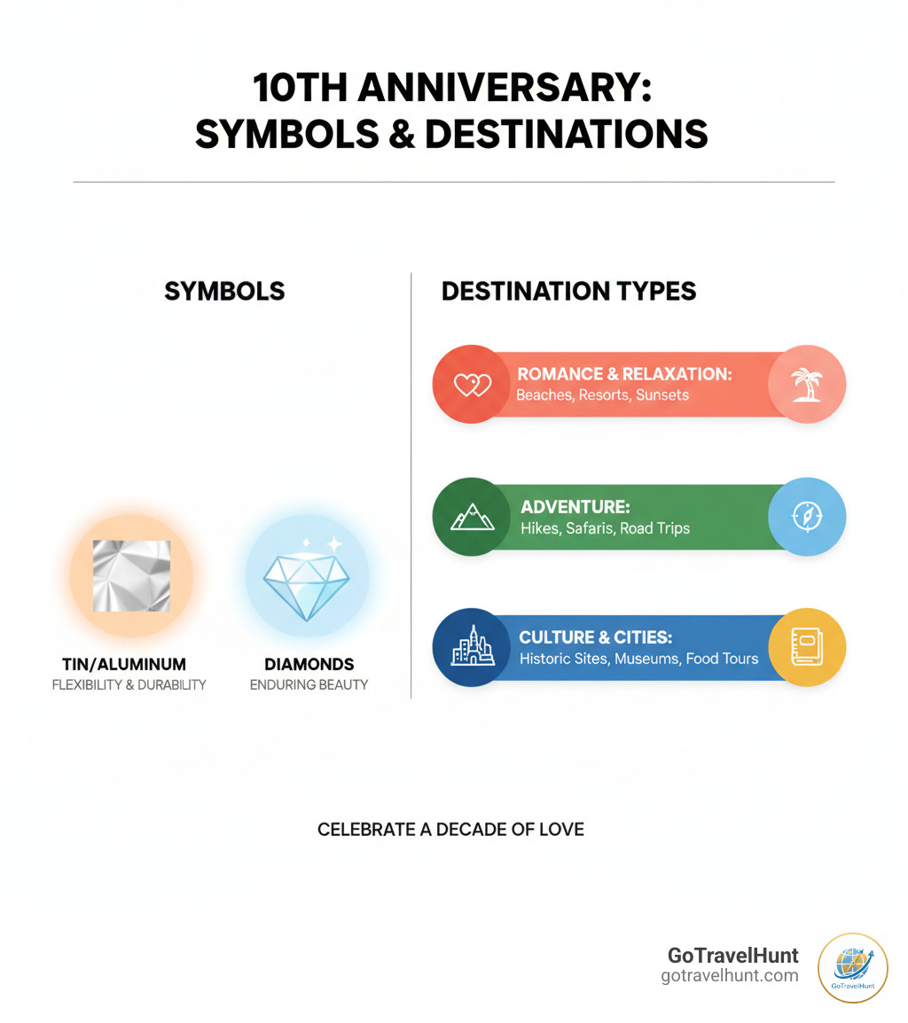 infographic showing 10th anniversary symbols and destination types - 10th wedding anniversary destinations infographic 