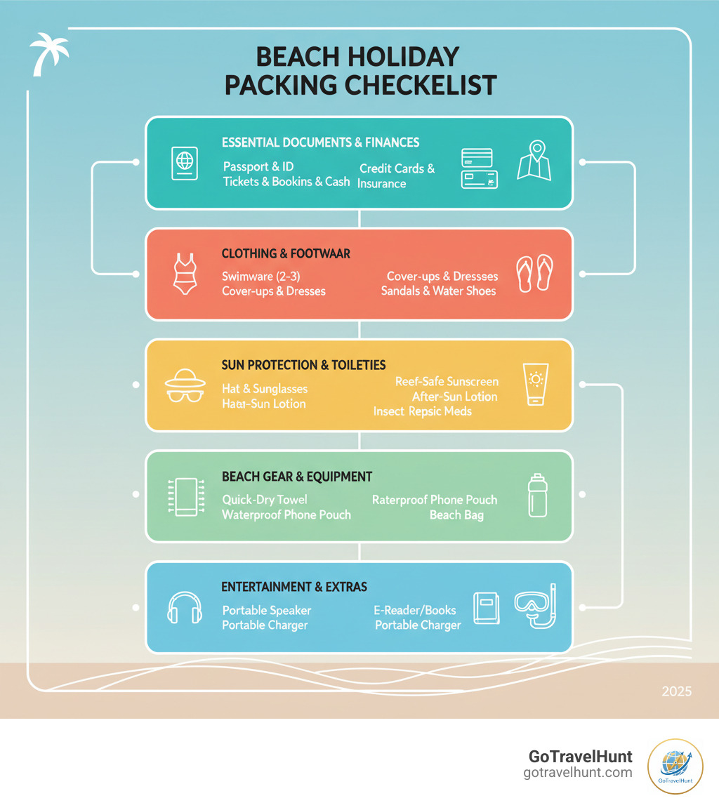Infographic showing five main beach packing categories: Essential Documents and Finances at the top, followed by Clothing and Footwear, Sun Protection and Toiletries, Beach Gear and Equipment, and Entertainment and Extras at the bottom, with key items listed under each category - beach holiday packing list infographic Infographic showing five main beach packing categories: Essential Documents and Finances at the top, followed by Clothing and Footwear, Sun Protection and Toiletries, Beach Gear and Equipment, and Entertainment and Extras at the bottom, with key items listed under each category - beach holiday packing list infographic