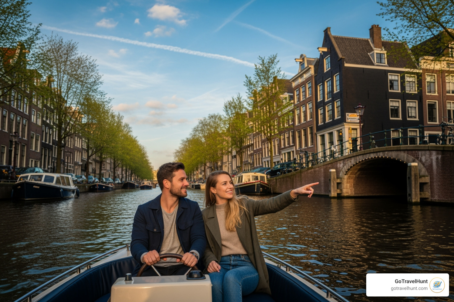couple exploring canals of Amsterdam - 10th wedding anniversary destinations