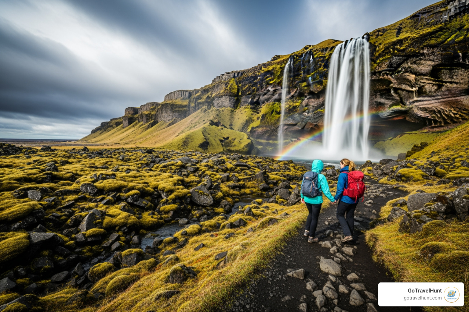 couple hiking towards dramatic waterfall in Iceland - 10th wedding anniversary destinations