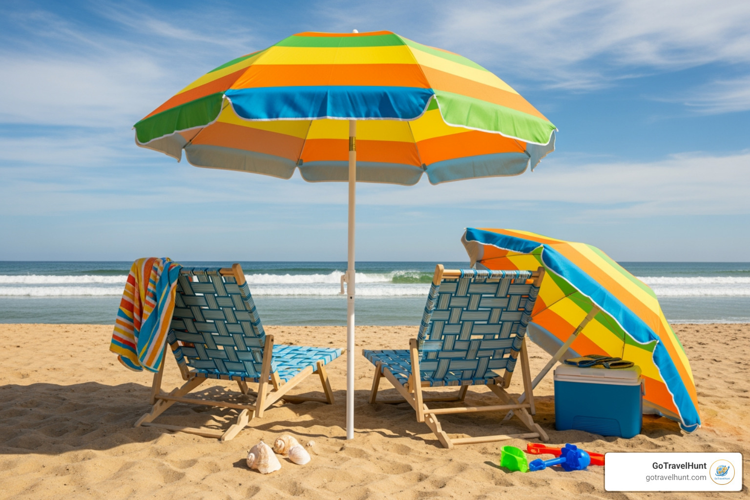 A fun beach setup with a colorful umbrella, comfortable chairs, and a cooler - beach holiday packing list A fun beach setup with a colorful umbrella, comfortable chairs, and a cooler - beach holiday packing list