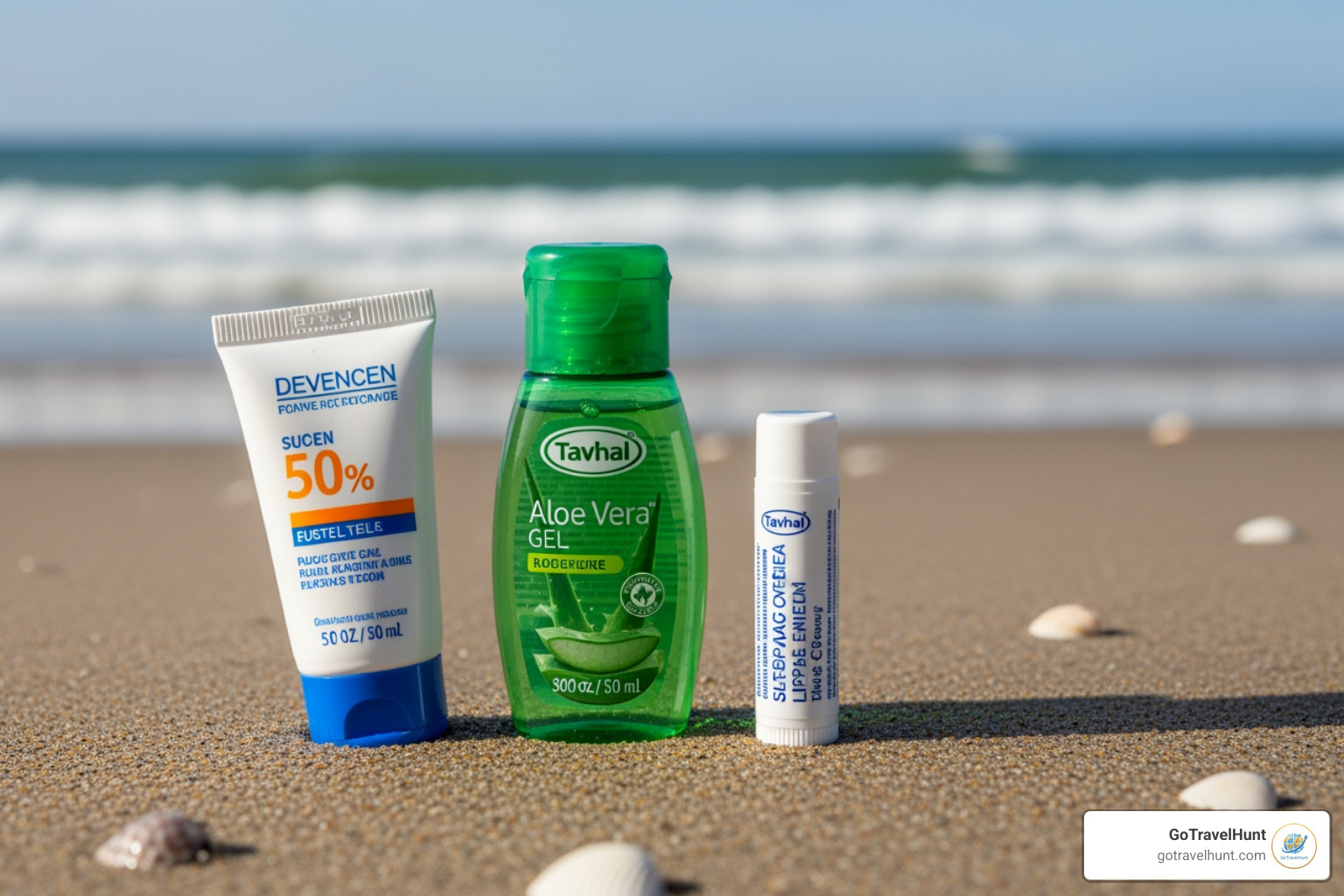 Travel-sized, beach-friendly toiletries like sunscreen, aloe vera, and lip balm - beach holiday packing list Travel-sized, beach-friendly toiletries like sunscreen, aloe vera, and lip balm - beach holiday packing list