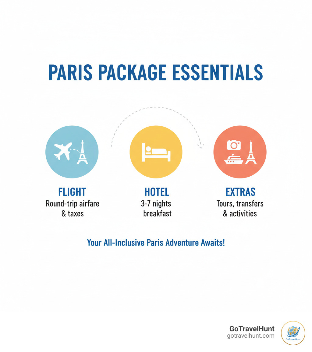 Infographic showing the three main components of Paris travel packages: Flight (round-trip economy airfare with taxes), Hotel (3-7 nights accommodation with daily breakfast), and Extras (optional transfers, tours, and activities like Eiffel Tower tickets and Seine cruises) - all inclusive trips to paris with airfare infographic 