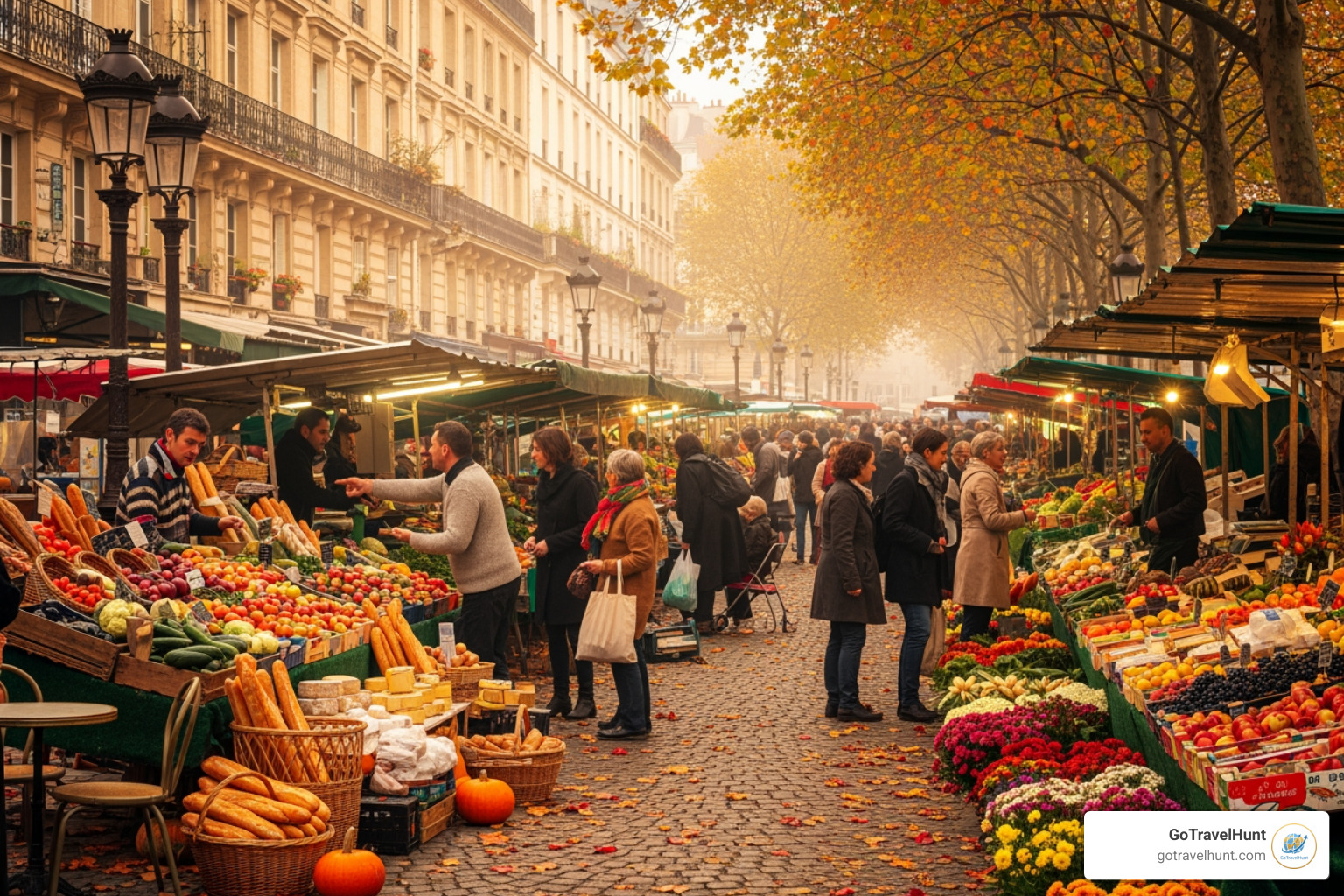 vibrant Parisian street market in autumn - all inclusive trips to paris with airfare