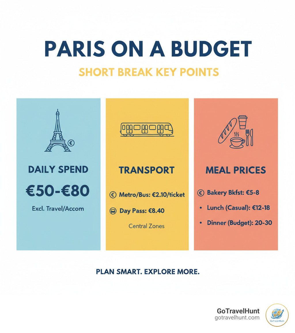 Infographic showing key budget points for a Paris short break including estimated daily spend, transport costs, and meal prices - cheap short breaks to paris infographic 