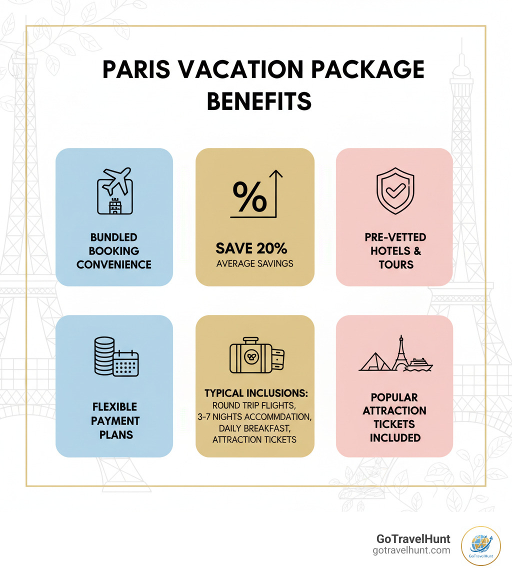 Infographic showing paris vacation package benefits including bundled booking convenience, average savings of 20 percent, pre-vetted hotels and tours, flexible payment plans, and typical inclusions like round trip flights, accommodation for three to seven nights, daily breakfast, and popular attraction tickets - paris vacation package infographic 