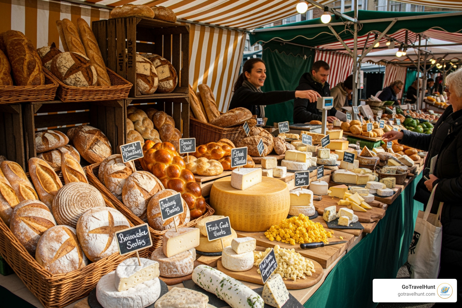 food market stall with fresh bread and cheese - cheap short breaks to paris