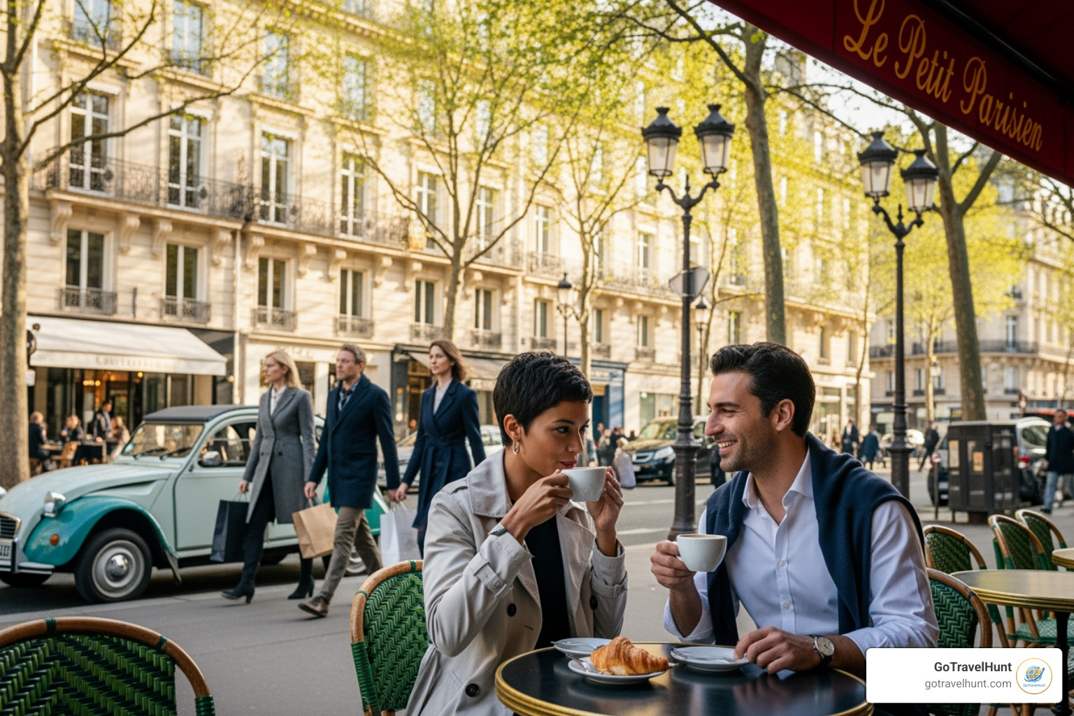 Couple enjoying coffee at a Parisian sidewalk cafe - paris vacation package