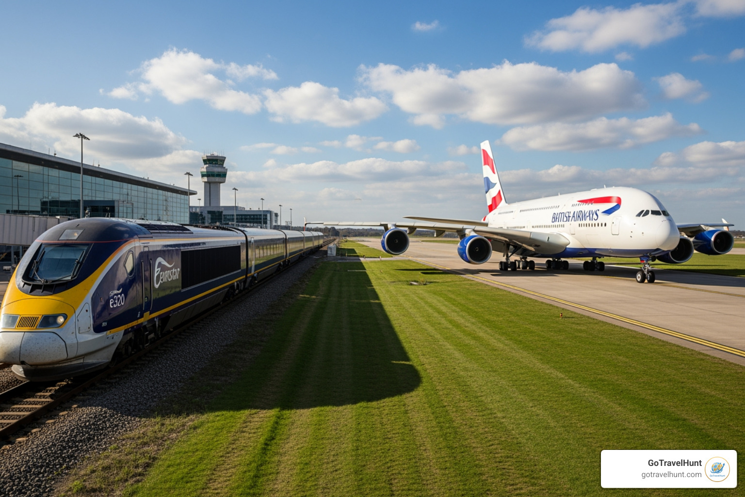 Eurostar train and an airplane side-by-side - disneyland paris package deals including travel