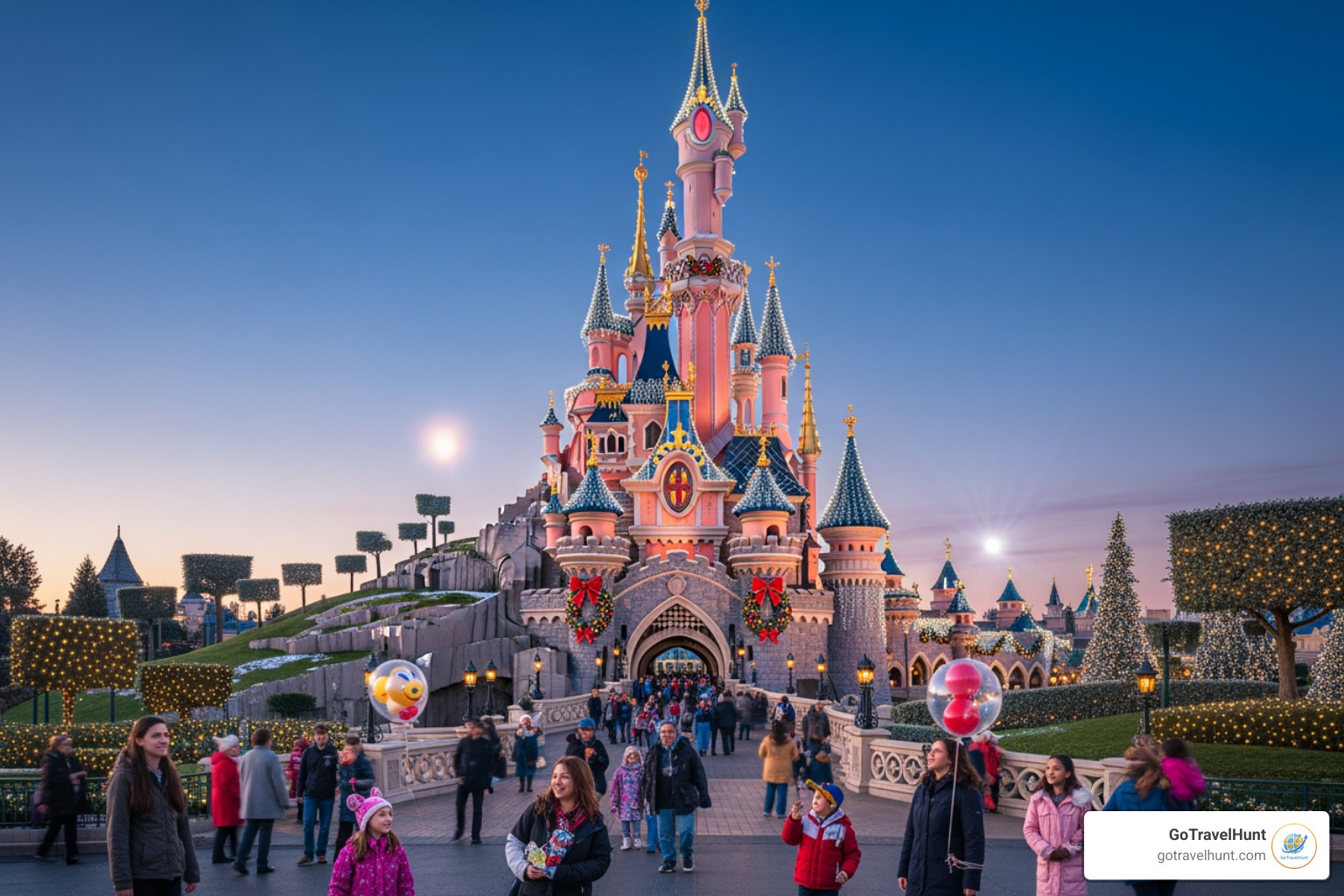 Disneyland Paris park decorated for a seasonal event like Halloween or Christmas - disneyland paris package deals including travel