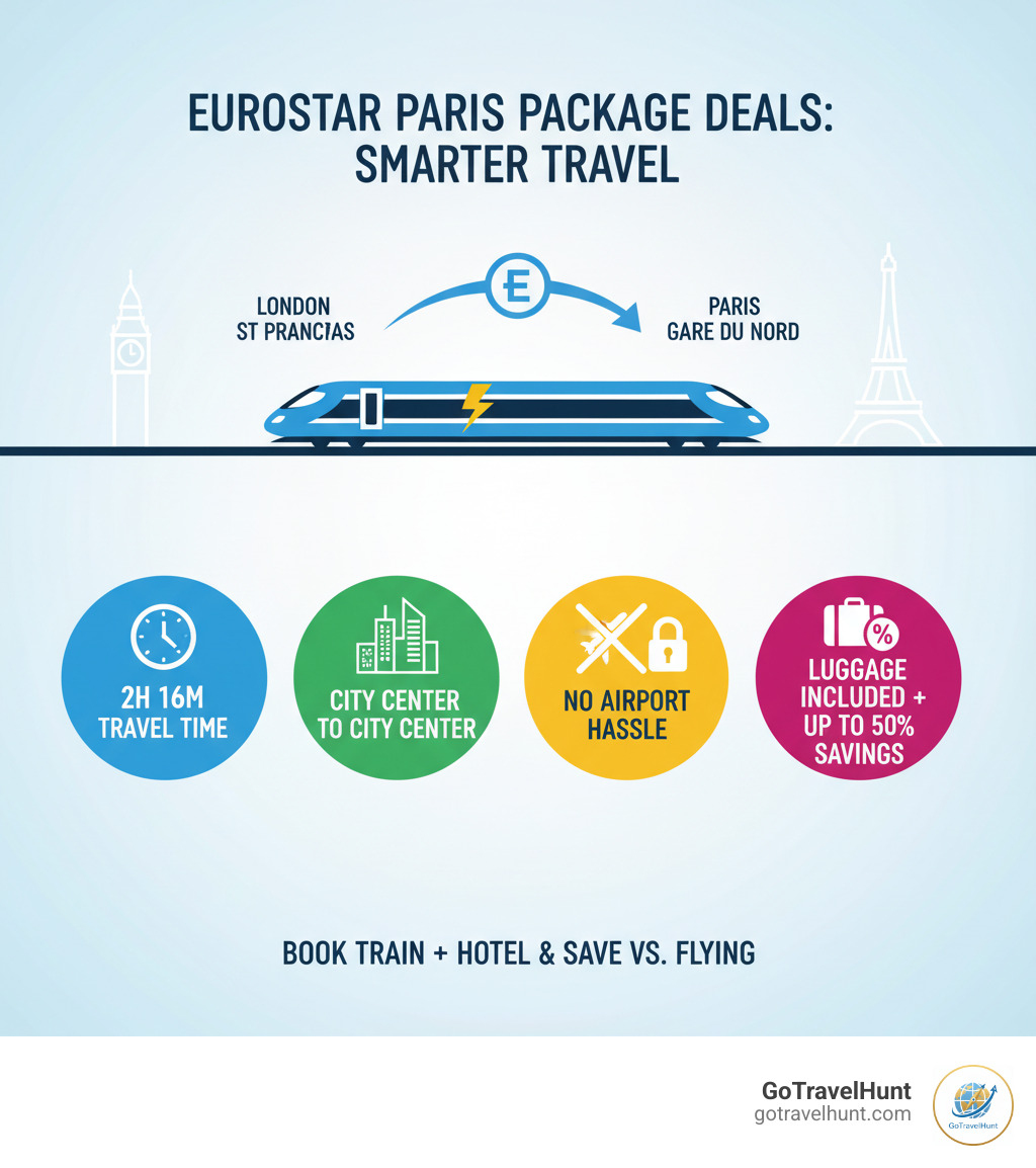 Infographic showing the Eurostar journey from London St Pancras to Paris Gare du Nord, with key statistics: 2 hours 16 minutes travel time, city center to city center arrival, no airport security delays, luggage included, and up to 50% savings versus flying when booking packages - eurostar paris package deals infographic 