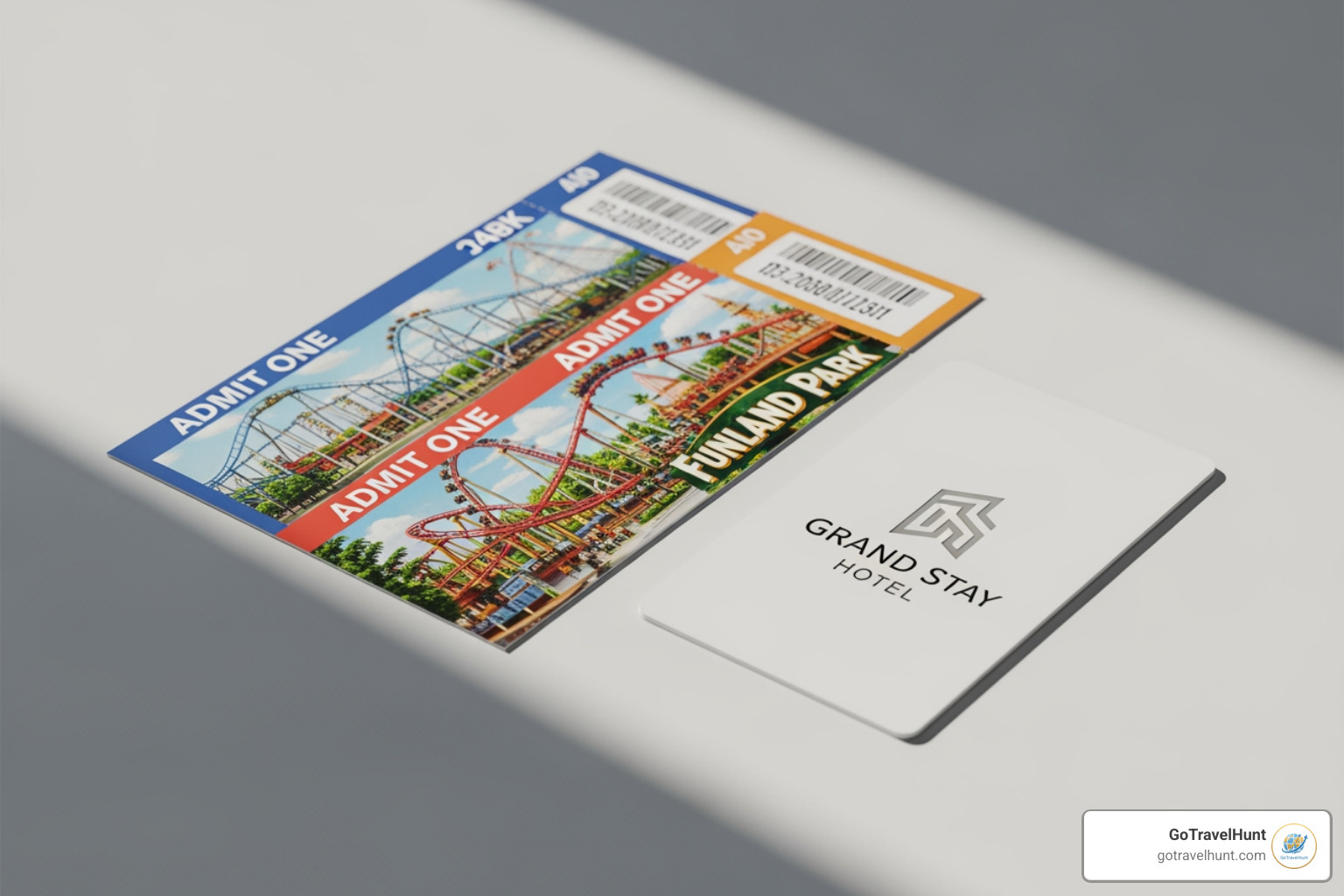 park tickets and a hotel key card arranged artfully - disneyland paris package deals including travel