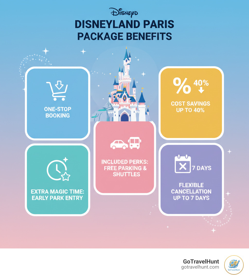 infographic showing the key benefits of disneyland paris package deals: convenience of one-stop booking, cost savings of up to 40 percent, included perks like free parking and shuttle services, extra magic time for early park entry, and flexible cancellation policies up to 7 days before arrival - disneyland paris package deals including travel infographic 