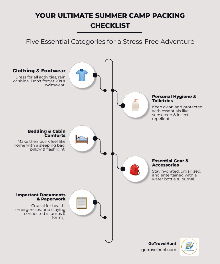 Infographic showing the five main packing categories: Clothing, Toiletries, Bedding, Gear, and Paperwork. - summer camp packing checklist infographic infographic-line-5-steps-elegant_beige