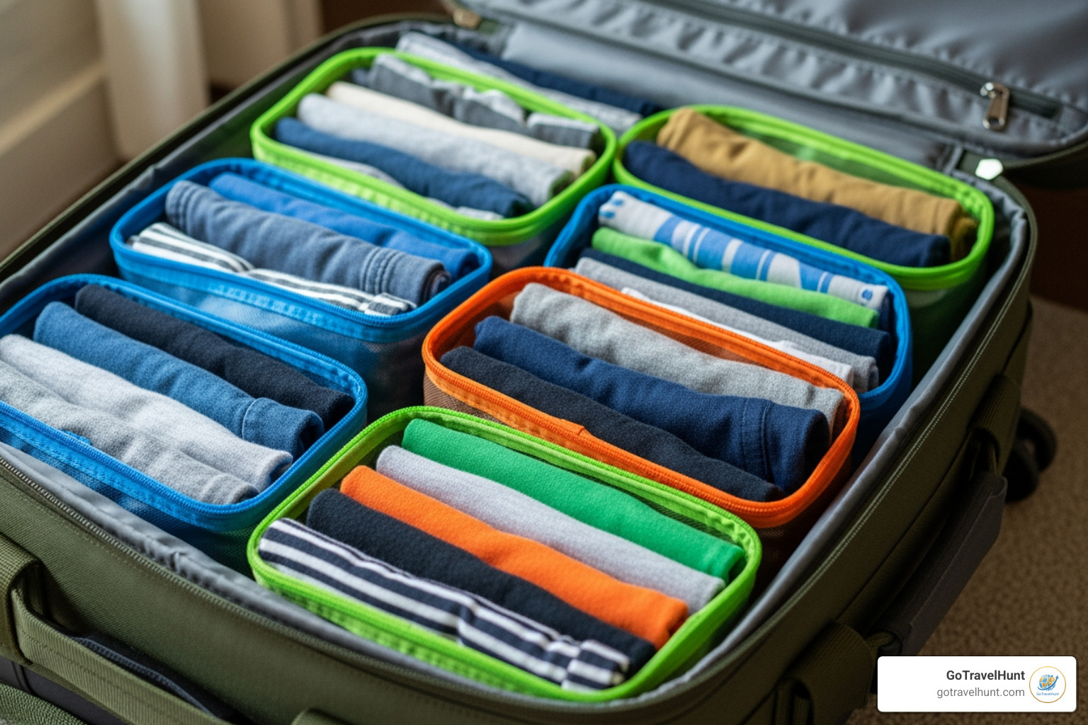 Organized camp clothes in packing cubes - summer camp packing checklist