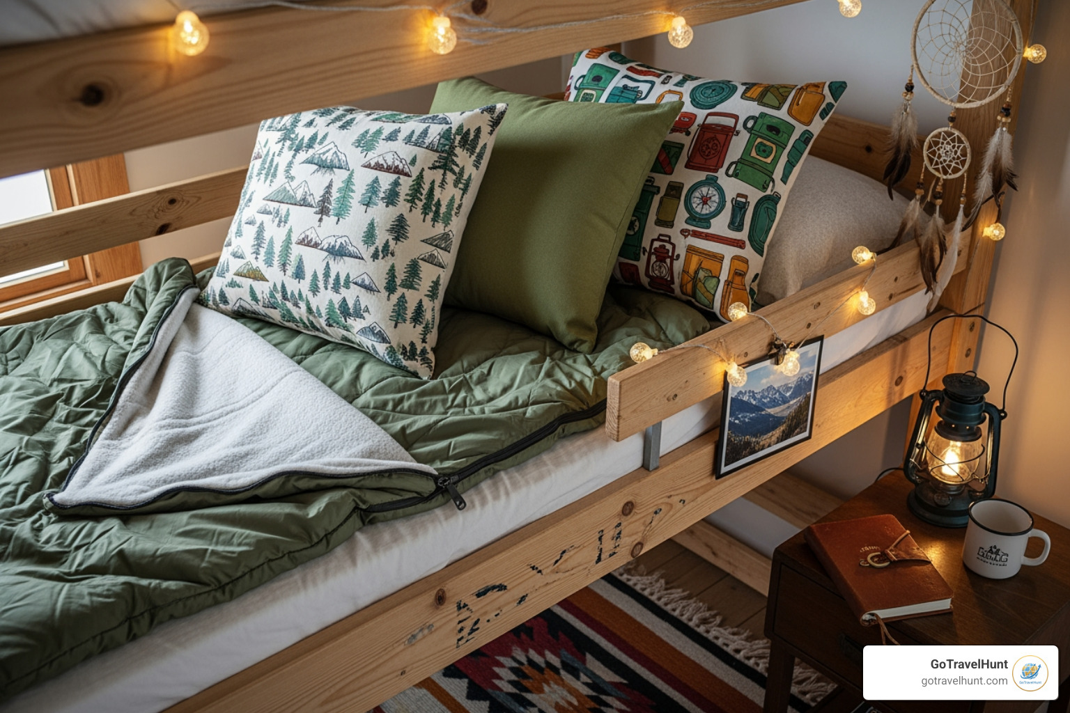 A decorated camp bunk with a sleeping bag and pillows - summer camp packing checklist