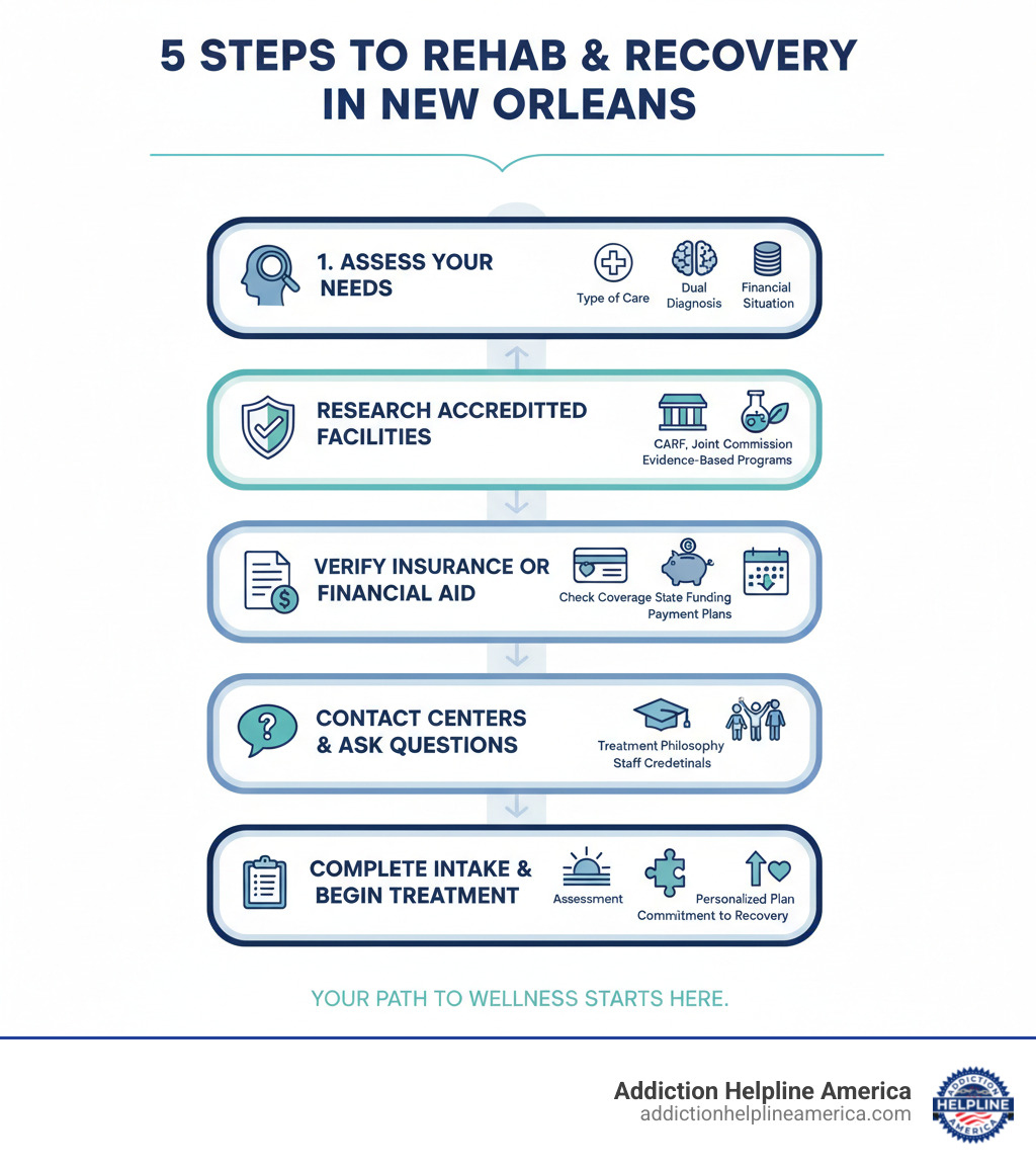 infographic showing 5 steps to finding and starting a rehab program: 1. Assess Your Needs (type of care, dual diagnosis, financial situation), 2. Research Accredited Facilities (CARF, Joint Commission certification, evidence-based programs), 3. Verify Insurance or Financial Aid (check coverage, explore state funding, ask about payment plans), 4. Contact Centers and Ask Questions (treatment philosophy, staff credentials, family involvement), 5. Complete Intake and Begin Treatment (assessment, personalized plan, commitment to recovery) - rehabs in new orleans infographic infographic showing 5 steps to finding and starting a rehab program: 1. Assess Your Needs (type of care, dual diagnosis, financial situation), 2. Research Accredited Facilities (CARF, Joint Commission certification, evidence-based programs), 3. Verify Insurance or Financial Aid (check coverage, explore state funding, ask about payment plans), 4. Contact Centers and Ask Questions (treatment philosophy, staff credentials, family involvement), 5. Complete Intake and Begin Treatment (assessment, personalized plan, commitment to recovery) - rehabs in new orleans infographic