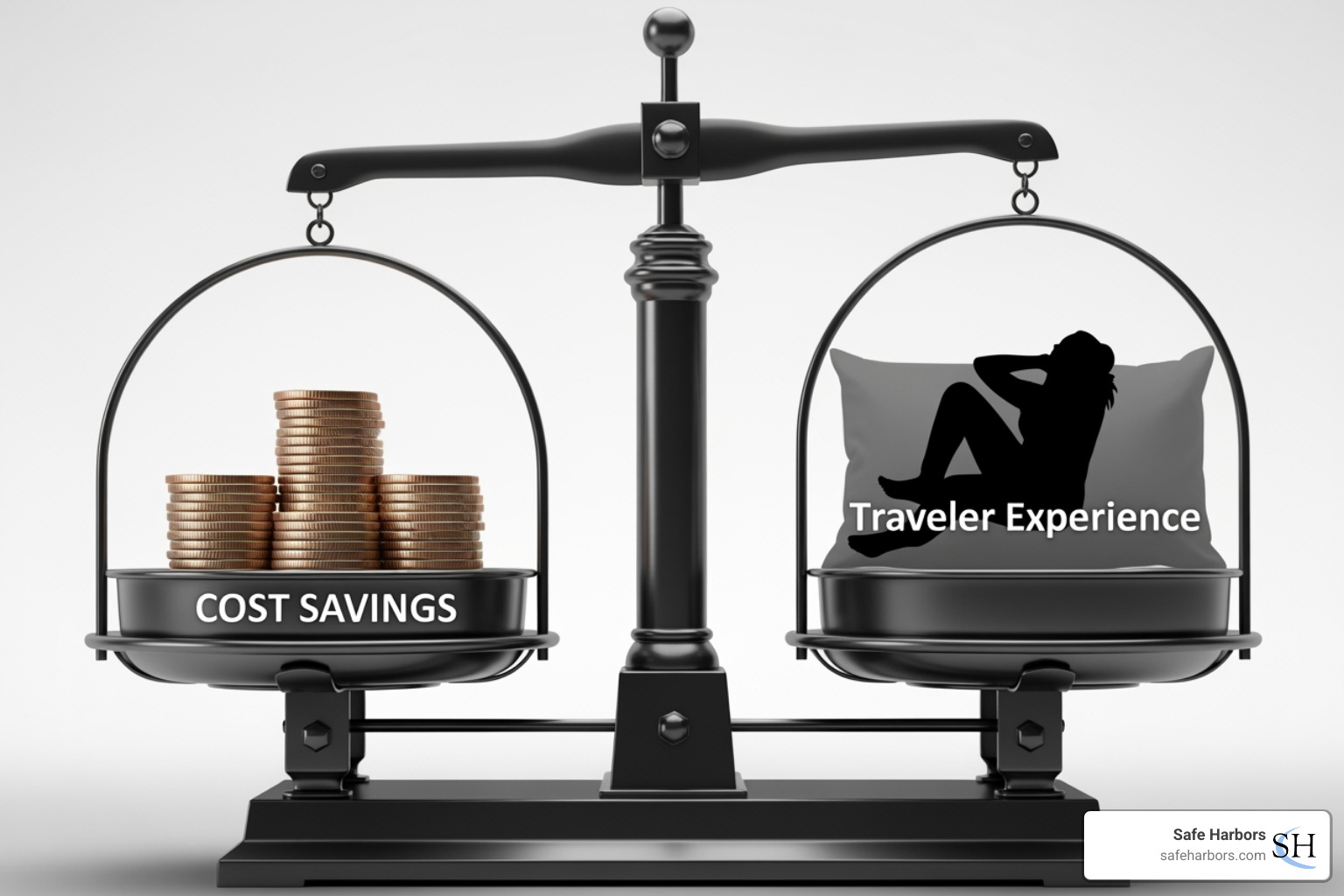 Balance scale with Cost Savings and Traveler Experience - optimize business travel spend