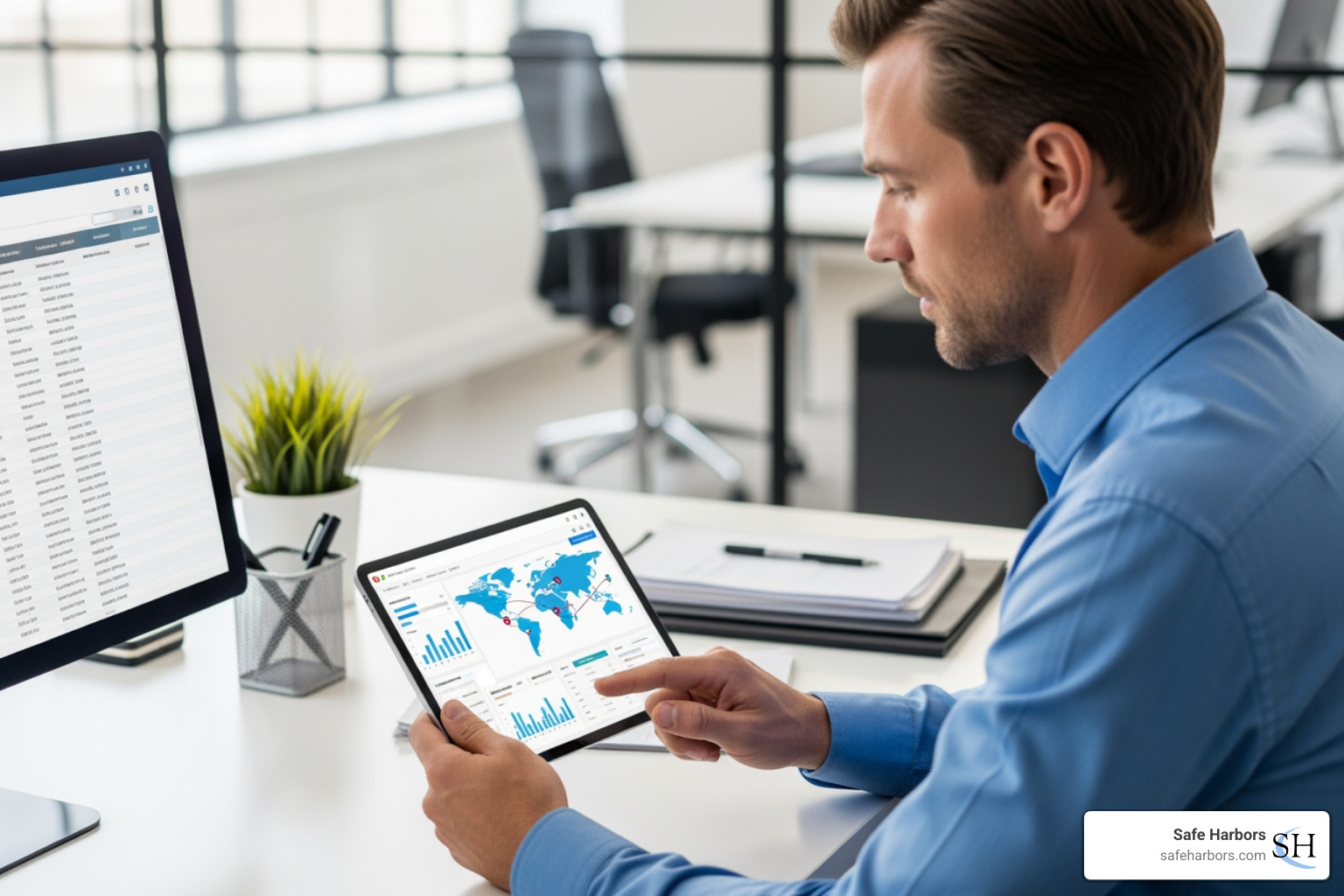 Travel manager using a Safe Harbors platform on a tablet - optimize business travel spend