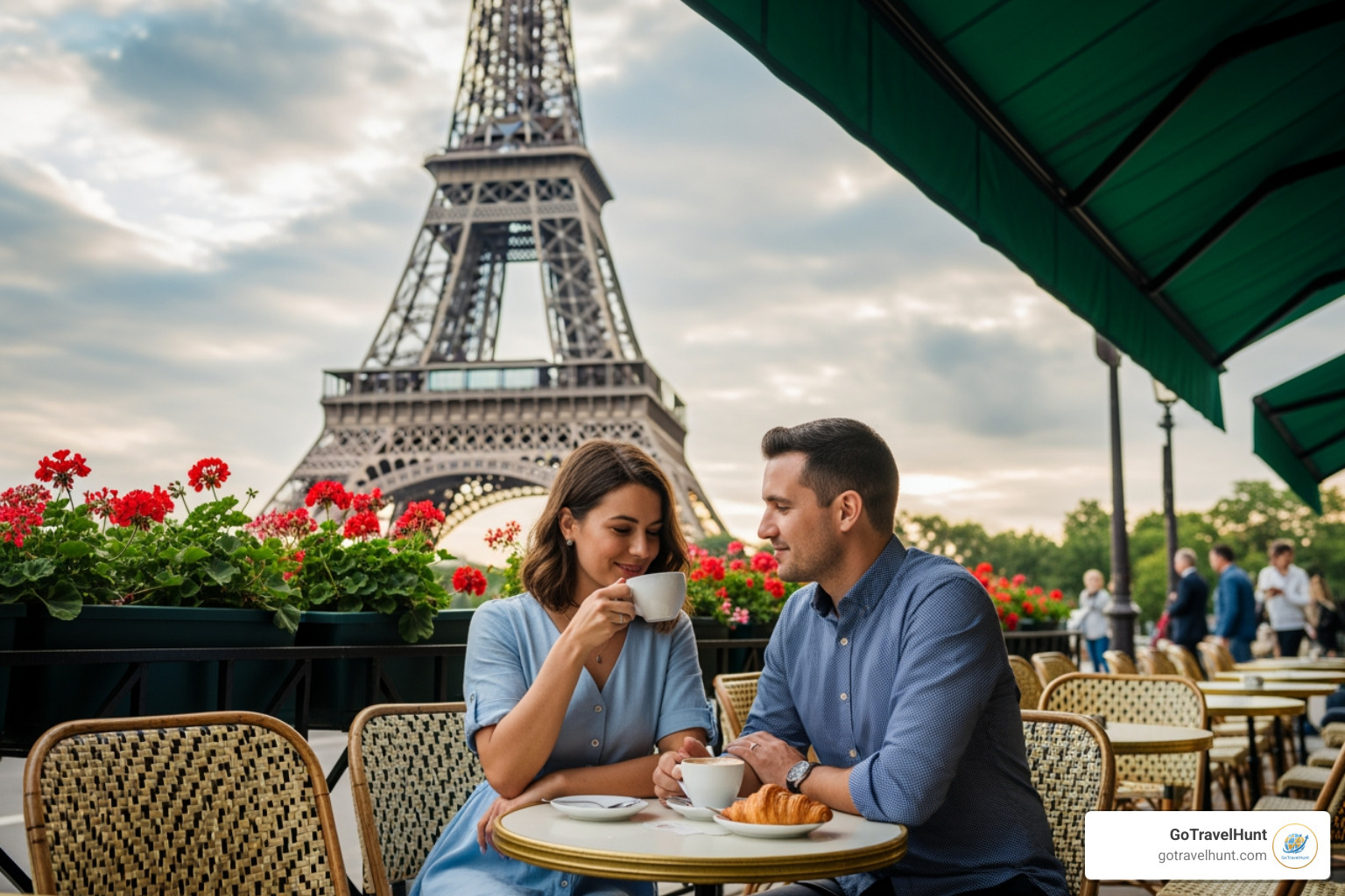 Couple enjoying coffee at a Parisian cafe with the Eiffel Tower in the background - eurostar cheap to paris