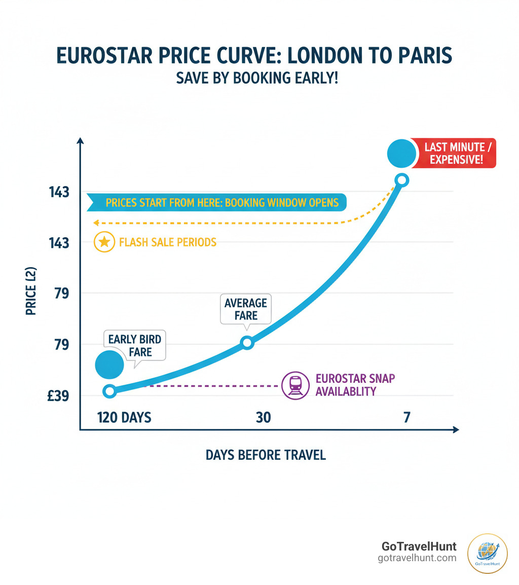 Infographic showing Eurostar price curve: £39 at 120 days before travel, rising to £79 average at 30 days out, jumping to £143 at 7 days before departure, with annotations for booking windows, flash sale periods, and Eurostar Snap availability - eurostar cheap to paris infographic 