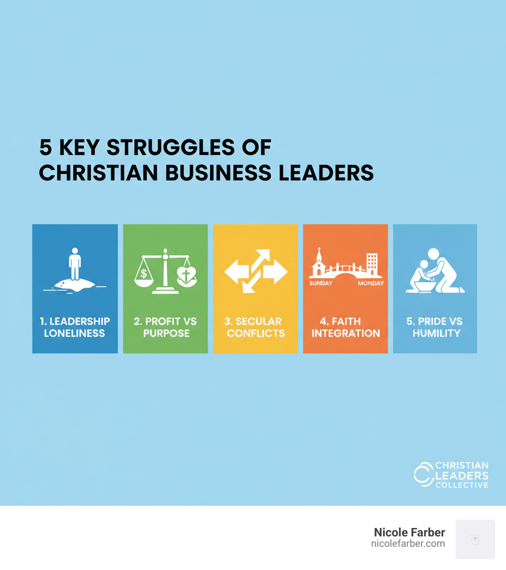 Infographic showing 5 key struggles of Christian business leaders: 1. Leadership Loneliness with icon of isolated figure, 2. Profit vs Purpose with balanced scales, 3. Secular Conflicts with opposing arrows, 4. Faith Integration with Sunday to Monday bridge, 5. Pride vs Humility with servant leader icon - Christian business leader infographic 