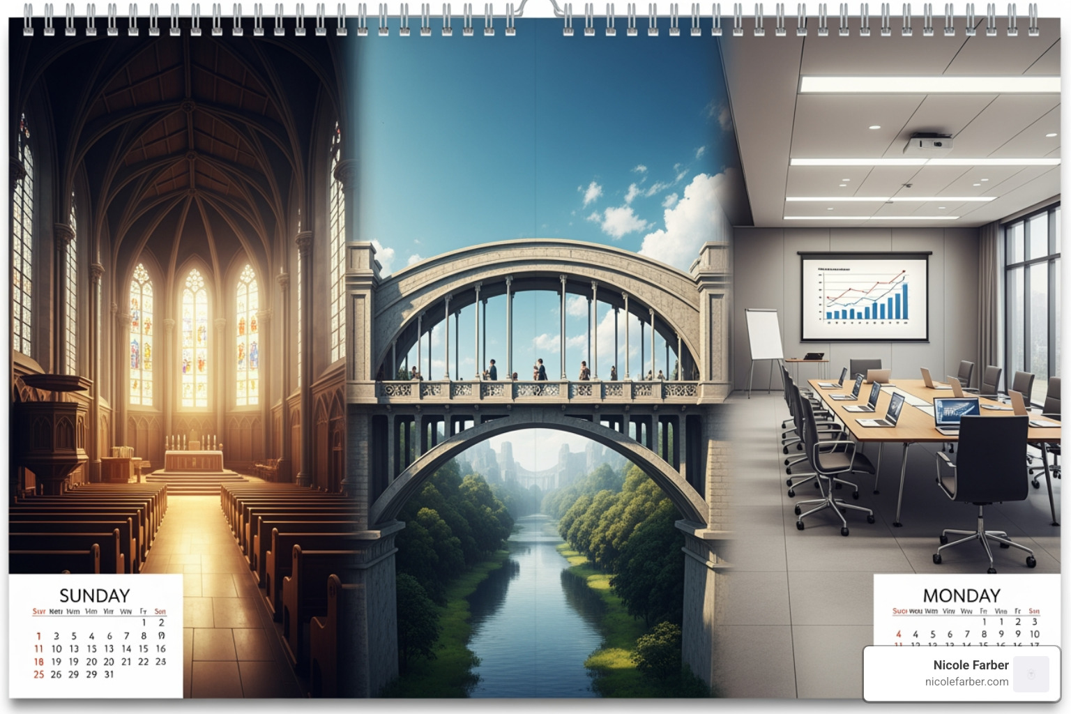 calendar showing "Sunday Worship" and "Monday Meeting" with a bridge connecting them - Christian business leader