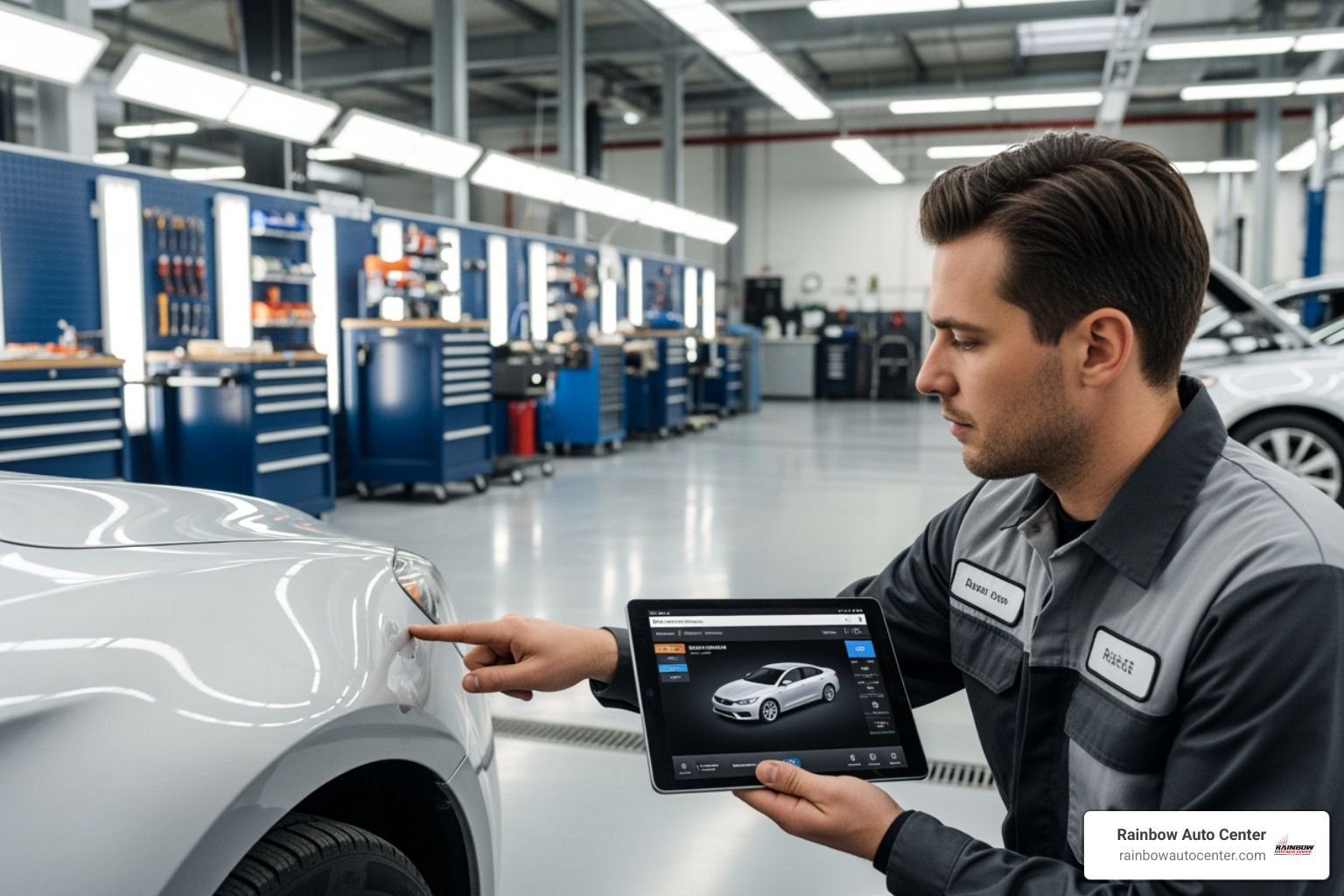 technician using a tablet to inspect a car's damage in a clean auto body shop - insurance claims virtual assistance technician using a tablet to inspect a car's damage in a clean auto body shop - insurance claims virtual assistance