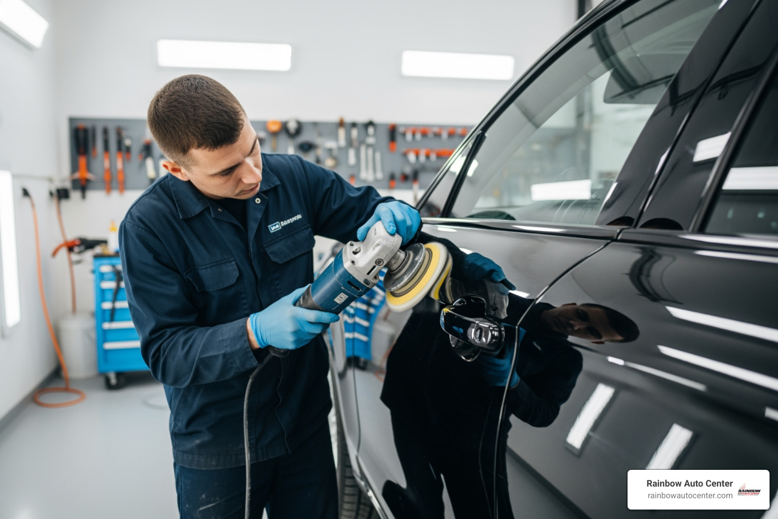 auto technician polishing a newly painted car door in a modern auto body shop - insurance claims virtual assistance auto technician polishing a newly painted car door in a modern auto body shop - insurance claims virtual assistance