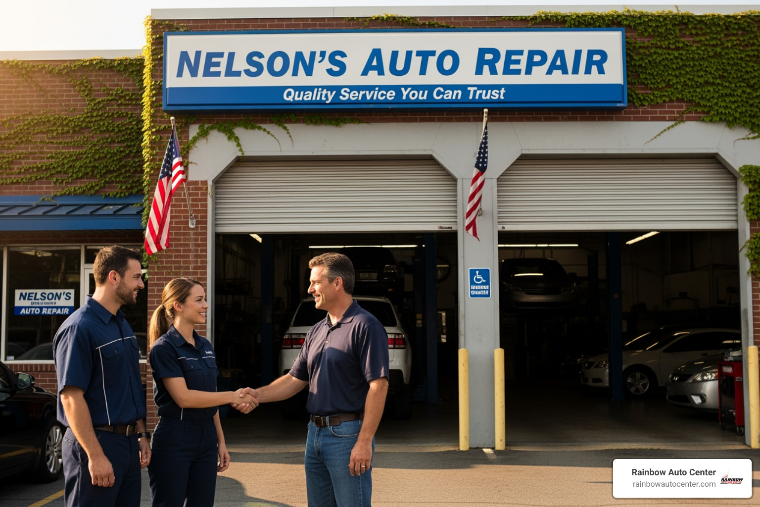 Rainbow Auto Center team members smiling and shaking hands with a satisfied customer in front of the shop - insurance claims virtual assistance Rainbow Auto Center team members smiling and shaking hands with a satisfied customer in front of the shop - insurance claims virtual assistance