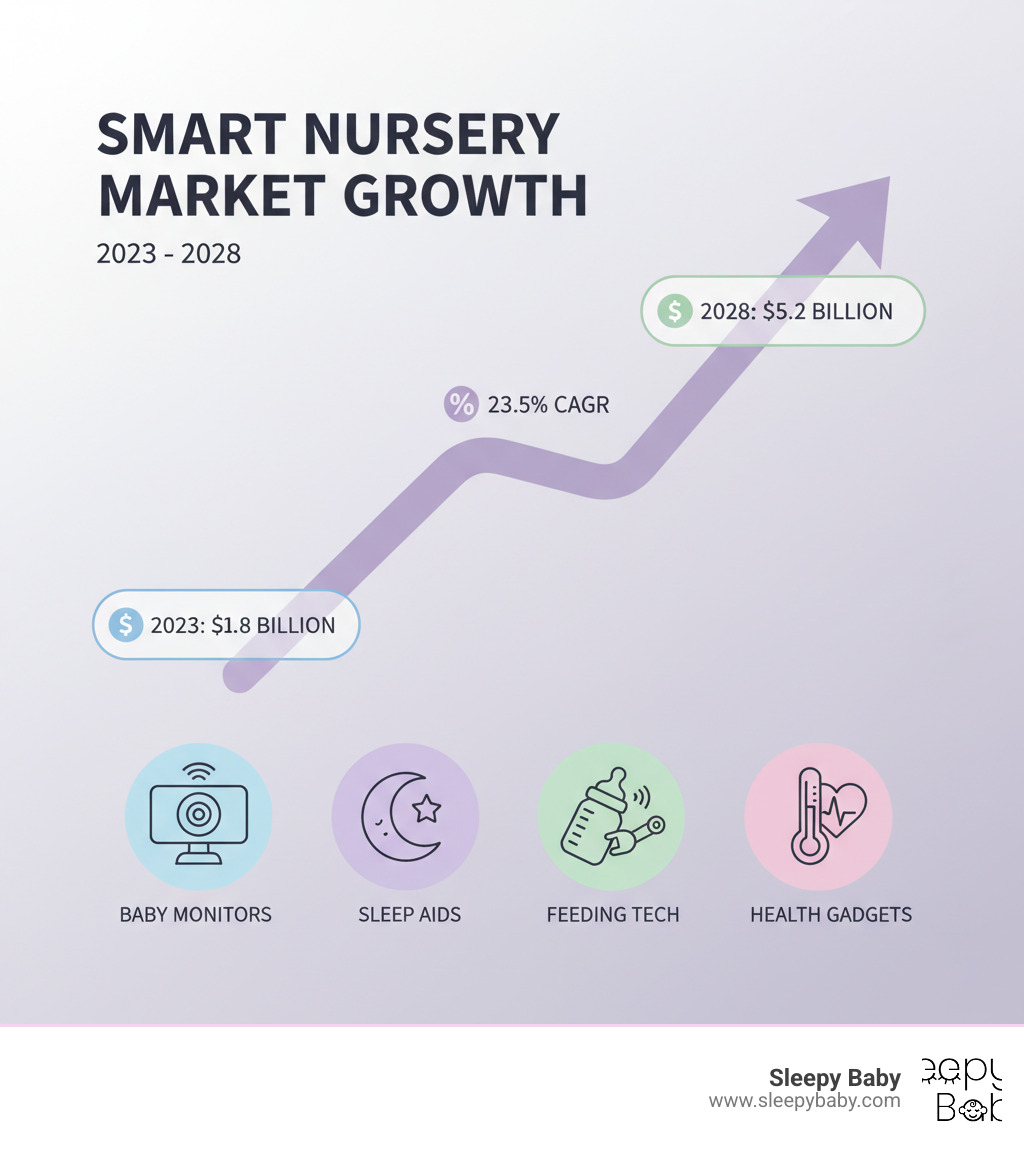 infographic showing smart nursery market growth from 1.8 billion dollars in 2023 to 5.2 billion by 2028, with icons representing baby monitors, sleep aids, feeding tech, and health gadgets - tech gifts for babies infographic 