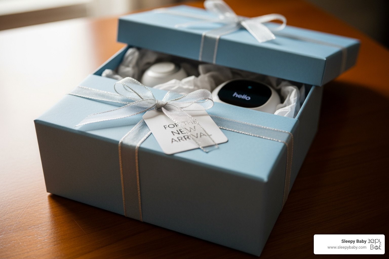 beautifully wrapped gift box containing a smart baby gadget - tech gifts for babies