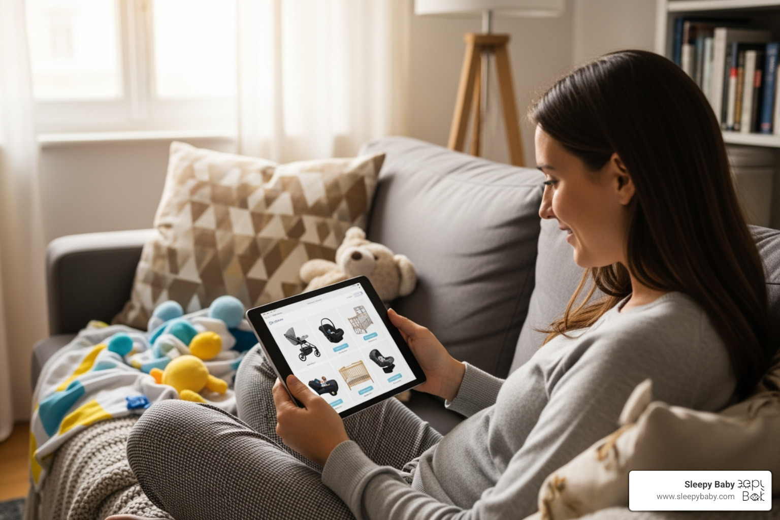 parent researching baby products on a tablet - tech gifts for babies