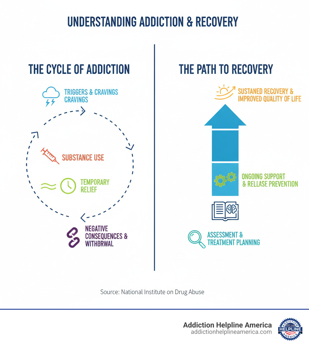 Infographic showing the cycle of addiction including triggers and cravings leading to substance use, followed by temporary relief, then negative consequences and withdrawal, creating a repeating pattern; alongside the path to recovery showing assessment and treatment planning, active counseling and skill building, ongoing support and relapse prevention, leading to sustained recovery and improved quality of life - counseling for addiction infographic Infographic showing the cycle of addiction including triggers and cravings leading to substance use, followed by temporary relief, then negative consequences and withdrawal, creating a repeating pattern; alongside the path to recovery showing assessment and treatment planning, active counseling and skill building, ongoing support and relapse prevention, leading to sustained recovery and improved quality of life - counseling for addiction infographic