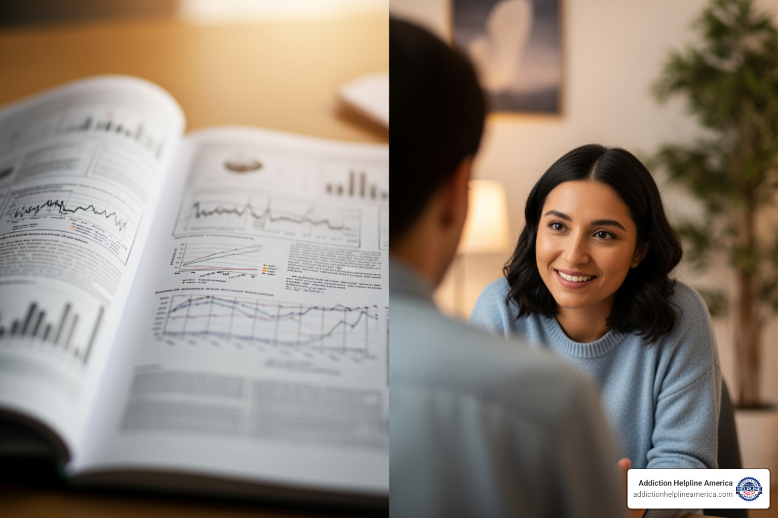A split screen. On one side, a blurred image of a scientific journal with graphs and text, symbolizing research. On the other side, a clear, warm image of a compassionate therapist actively listening to a client, symbolizing patient-centered care and clinical expertise. - evidence based rehab