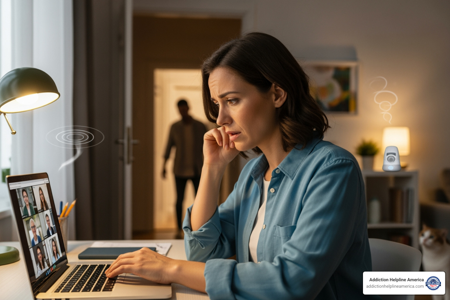 person in a non-private home environment looking concerned - addiction help online