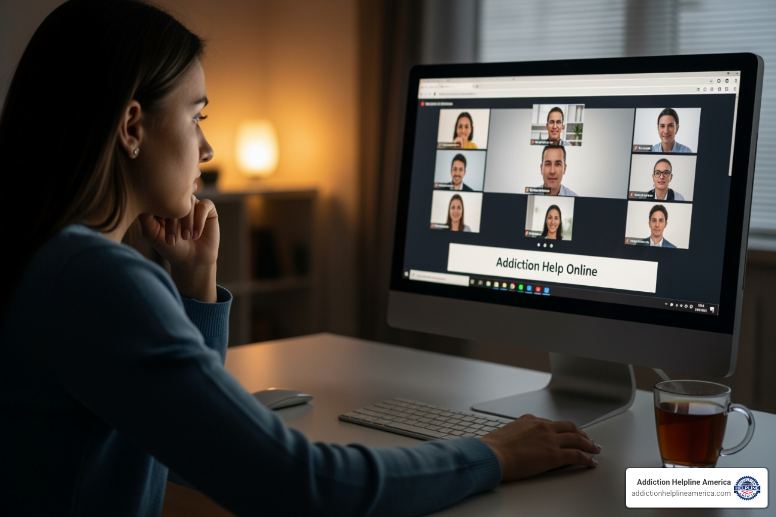 collage showing different online support formats: group video call, one-on-one chat, and a forum page - addiction help online