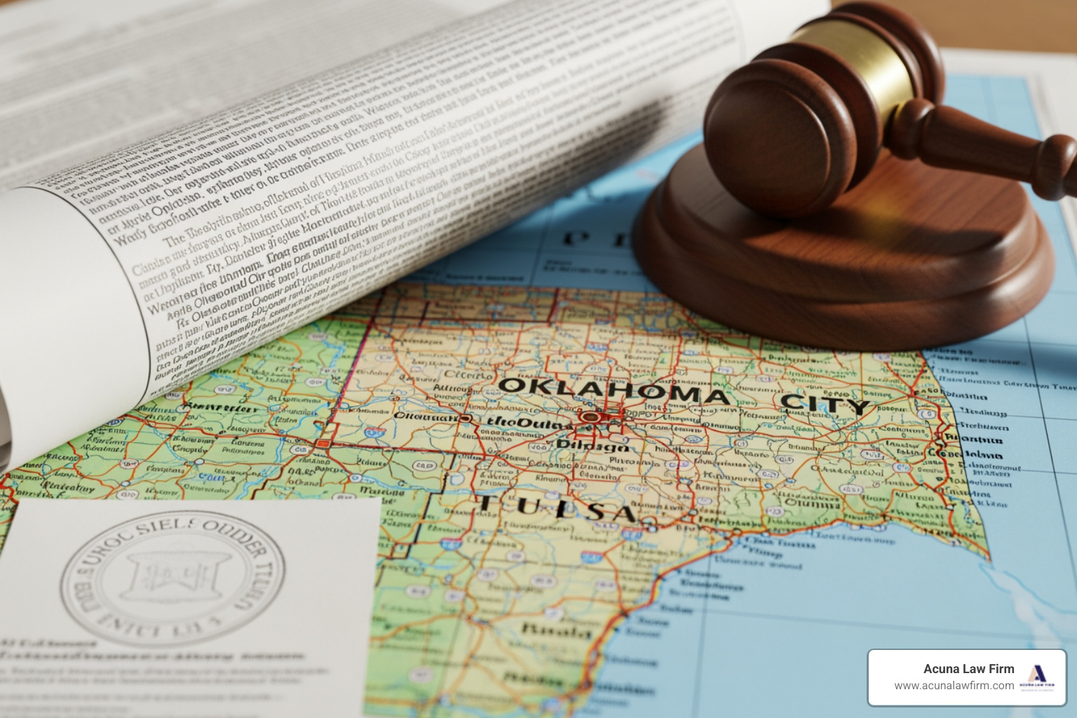 Legal document or gavel superimposed on an Oklahoma state map - 18 wheeler wreck lawyers Legal document or gavel superimposed on an Oklahoma state map - 18 wheeler wreck lawyers