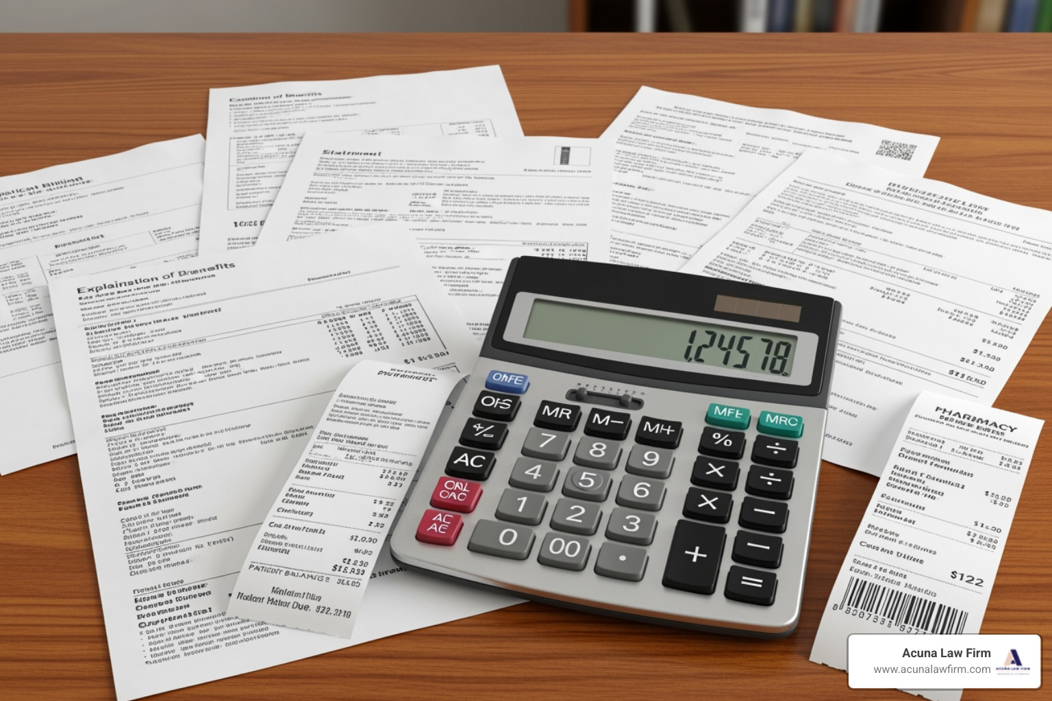Calculator with medical bills and receipts in the background - 18 wheeler wreck lawyers Calculator with medical bills and receipts in the background - 18 wheeler wreck lawyers