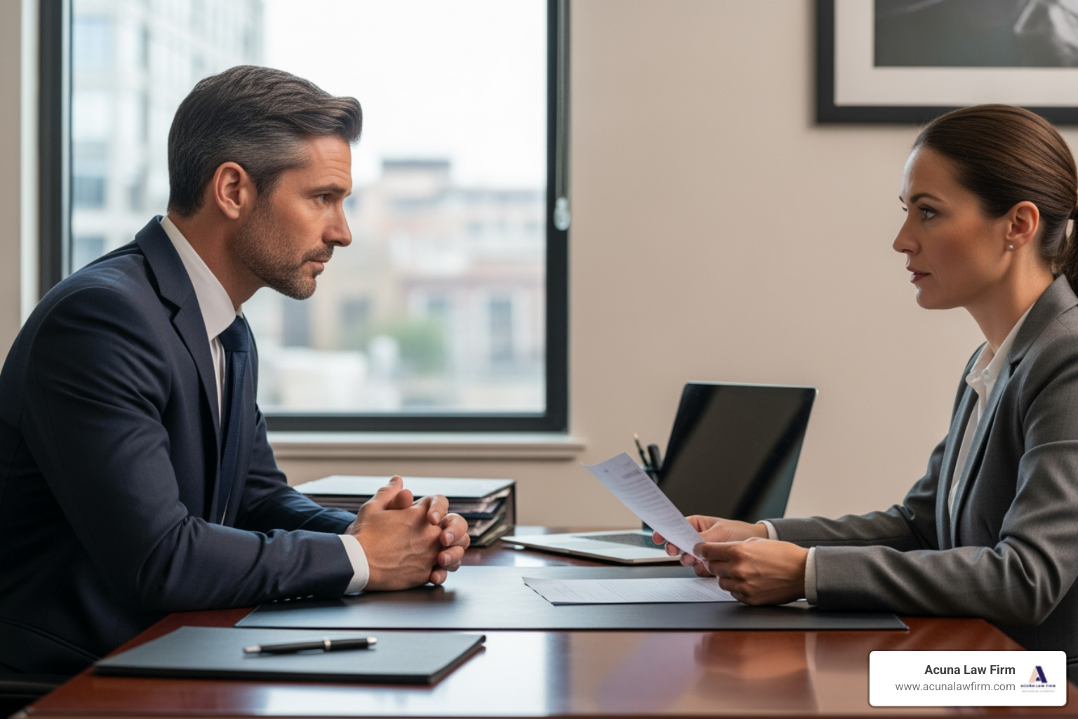 Lawyer confidently negotiating across a desk from an insurance adjuster - 18 wheeler wreck lawyers Lawyer confidently negotiating across a desk from an insurance adjuster - 18 wheeler wreck lawyers