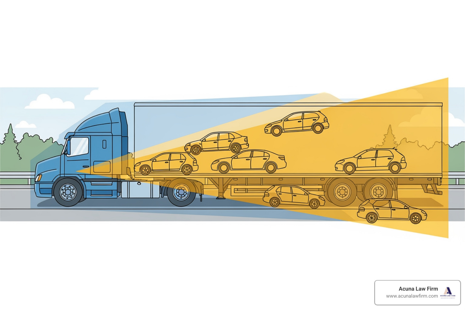 Illustration of the blind spots (no-zones) around a large commercial truck - 18 wheeler wreck lawyers Illustration of the blind spots (no-zones) around a large commercial truck - 18 wheeler wreck lawyers
