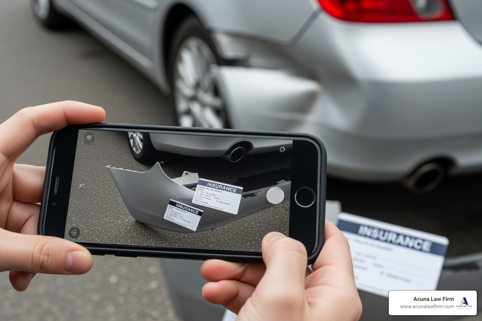 person using smartphone to photograph car damage and insurance cards - Car accident lawsuit Oklahoma