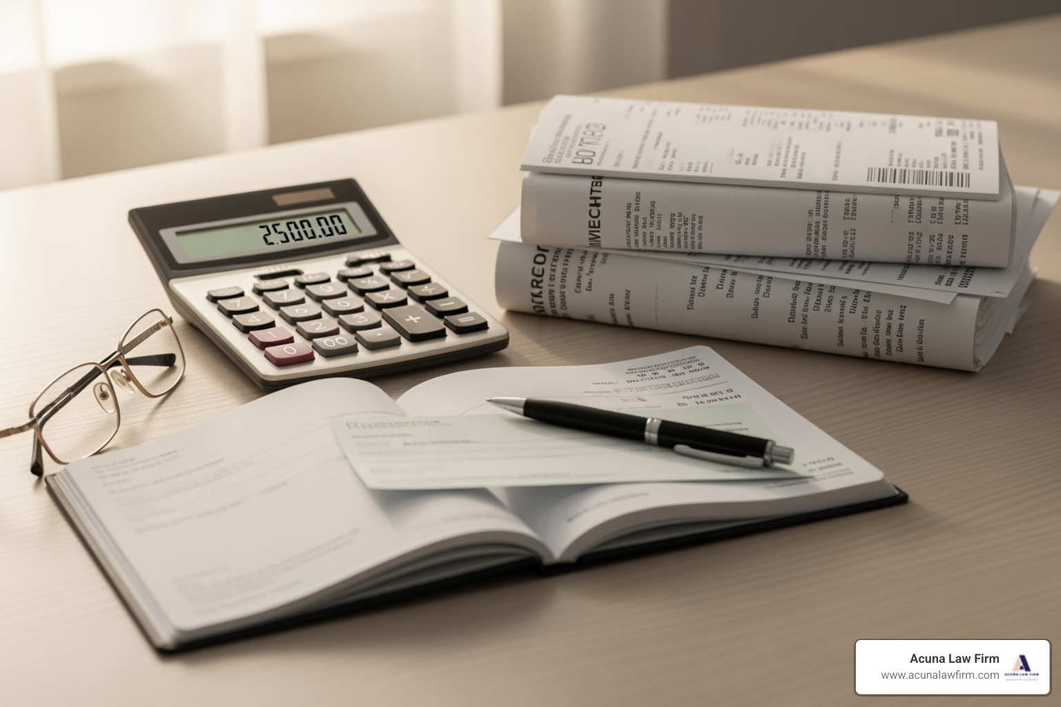 calculator next to a stack of medical bills and a checkbook - Car accident lawsuit Oklahoma