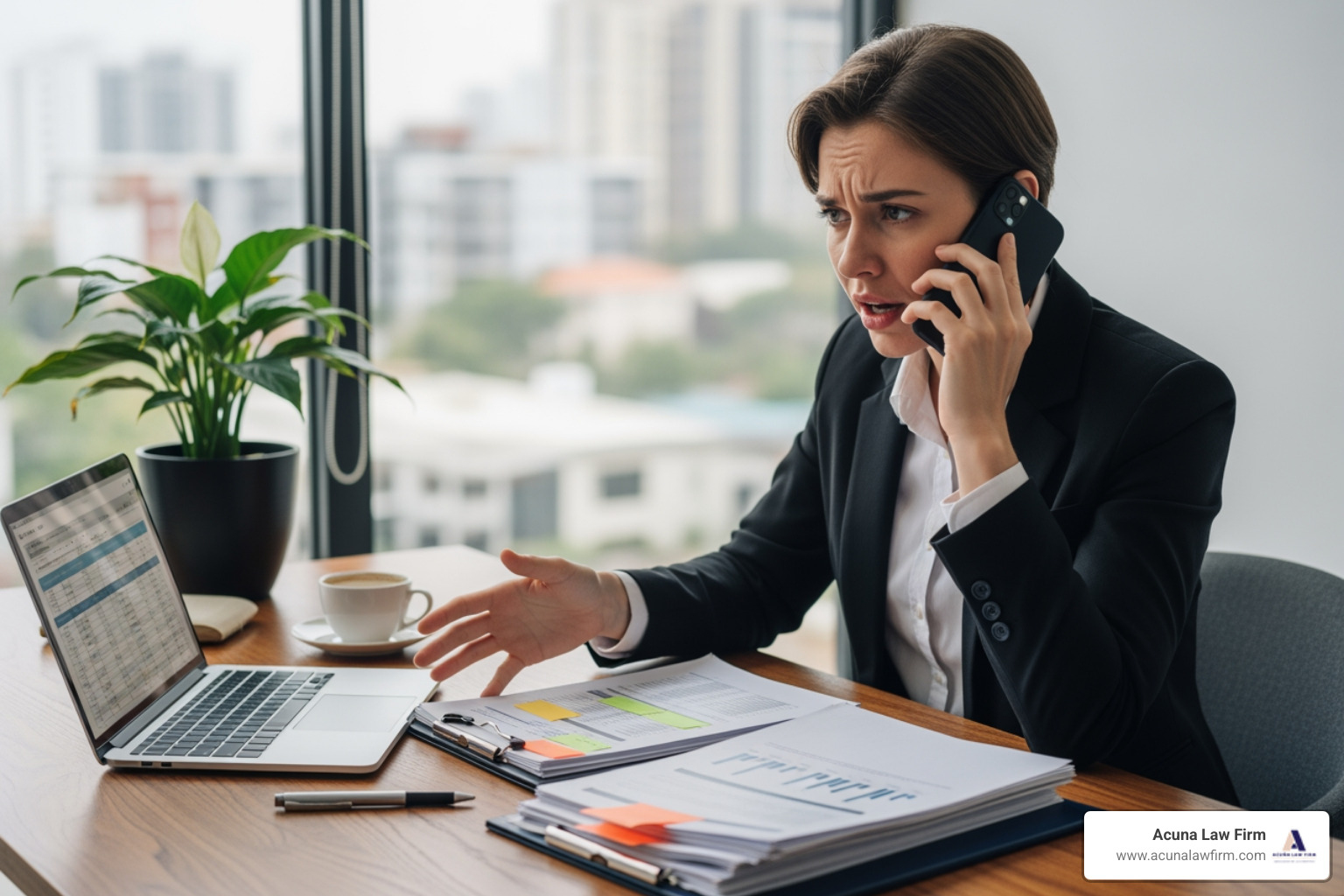 person on the phone looking stressed while reviewing documents - Car accident lawsuit Oklahoma
