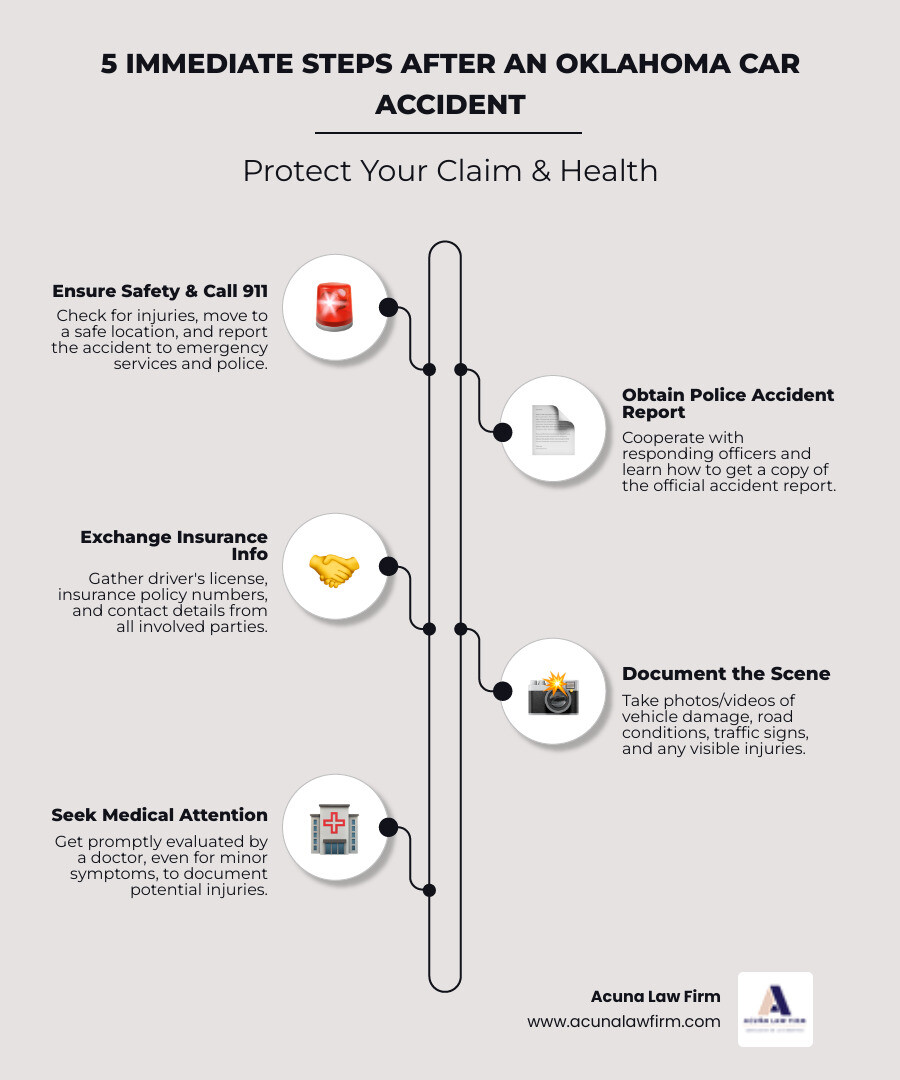 infographic showing 5 immediate steps after an Oklahoma car accident: 1. Ensure safety and call 911, 2. Obtain police accident report, 3. Exchange insurance information, 4. Document scene with photos, 5. Seek medical attention immediately - Car accident lawsuit Oklahoma infographic infographic-line-5-steps-elegant_beige