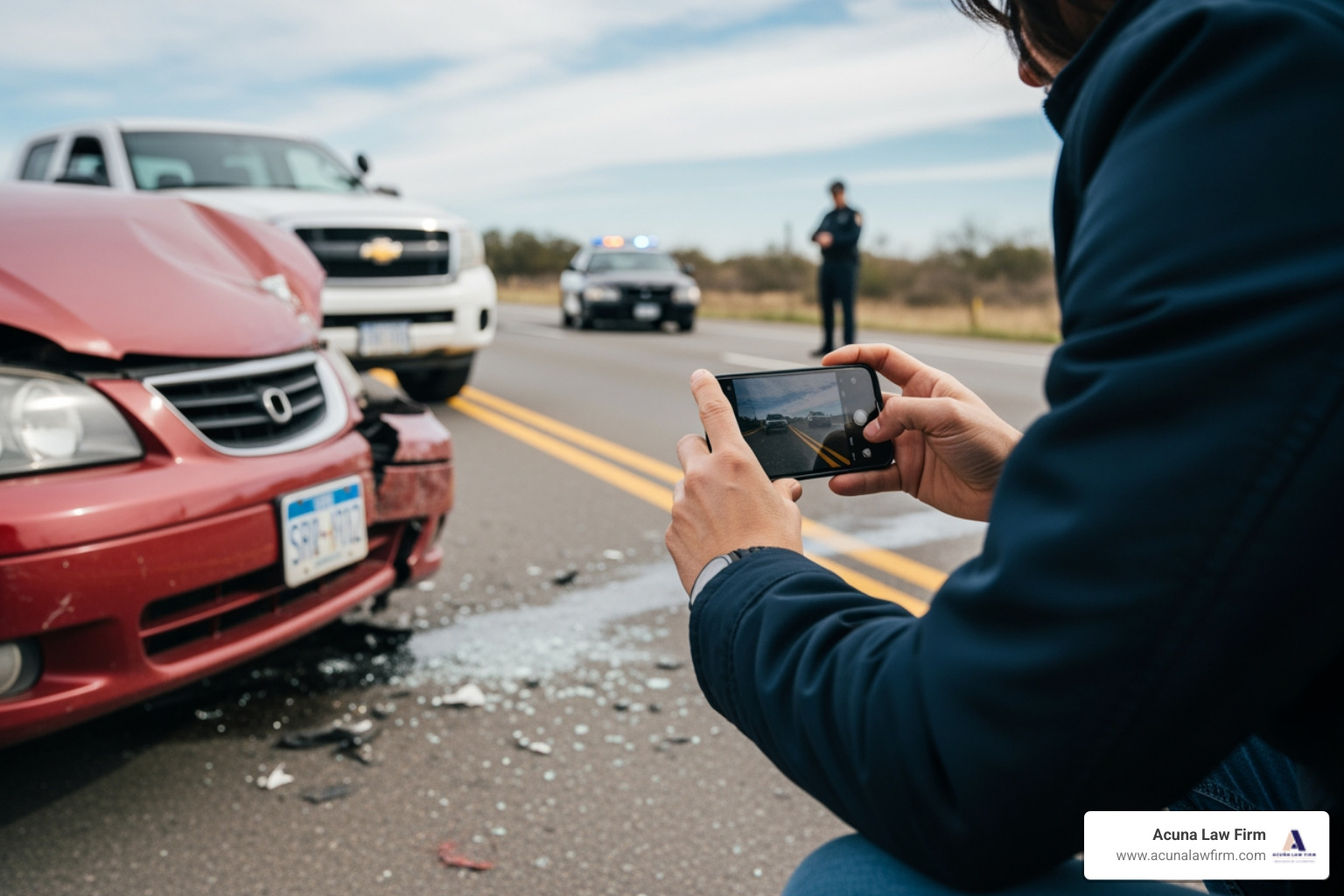 person taking photos of an accident scene with their phone - semi truck accident lawyers near me