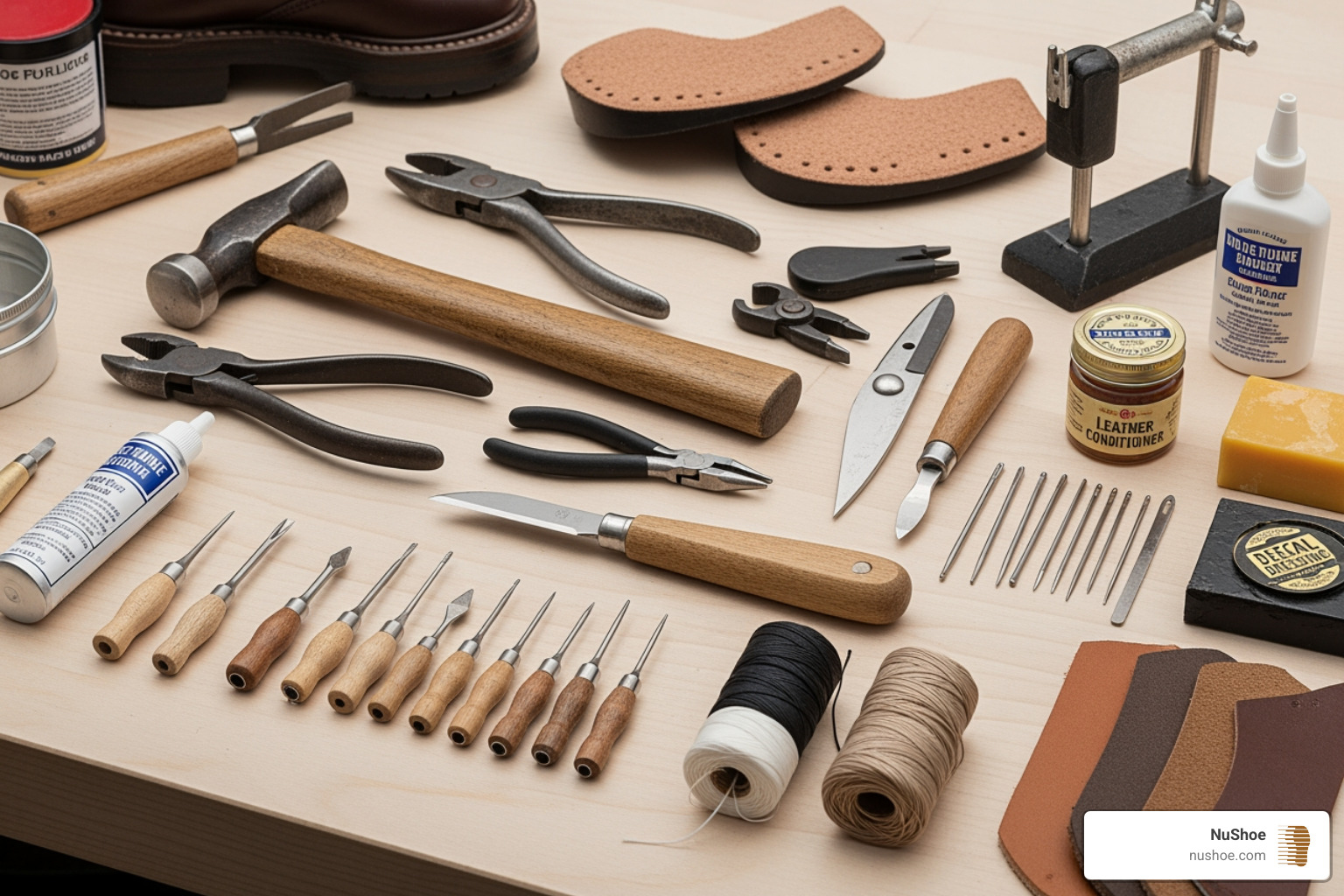 tools and materials used in a typical leather boot repair, laid out neatly - leather boot patch kit